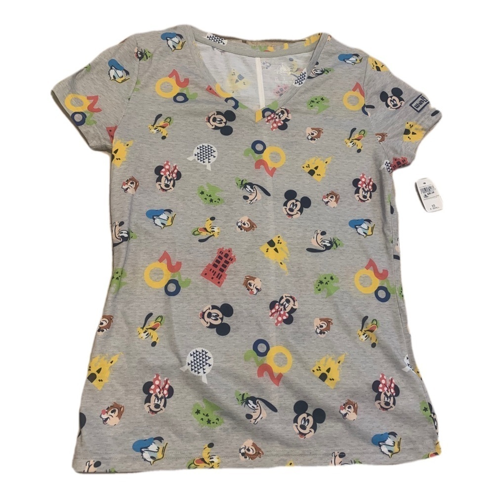 NWT DISNEY PARKS Mickey & Friends Allover Print T-Shirt - Gray - Women's XS